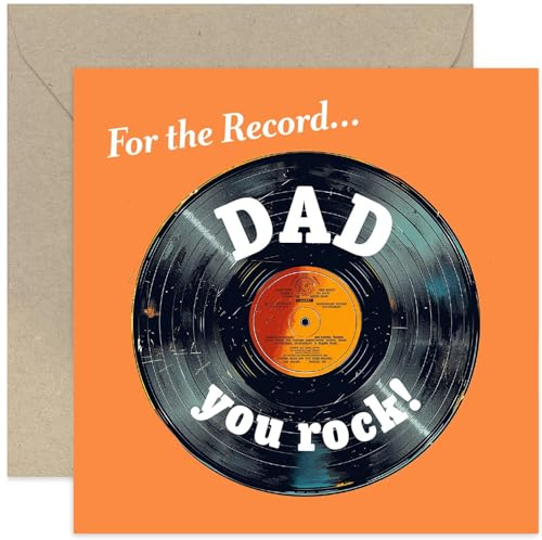 Old English Co. Birthday Cards for Dad - For The Record - Vintage Vinyl Music Design Birthday Card for Him - Dad Birthday Card - Gift for Him - You Rock Birthday Card | Blank Inside