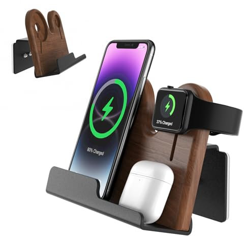 RQUOIRE 3-in-1 Wall Mount Compatible with MagSafe Charger Stand, Wood Phone Holder for iPhone 15/15 Pro/14/13/12 Series, Compatible with Apple Watch, AirPods, MagSafe Accessories