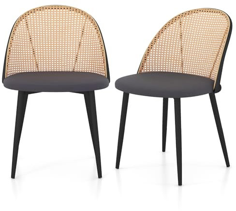 RELAX4LIFE Esszimmerstühle im 2er-Set, armlose Küchenstühle mit PE-Rattan Rückenlehne, gepolstertem Sitz & Metallbeinen, Akzentstühle im Landhausstil für Esszimmer, Wohnzimmer & Küche, Grau & Natur