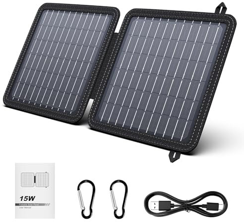 Powkey Portable Solar Panel Chargers with 15W USB-A USB-C DC Output Foldable Power Emergency ETFE Panels, Solar Battery Charger Compatible with Cell Phone iPad for Backpacking, Camping, Hiking (15W)