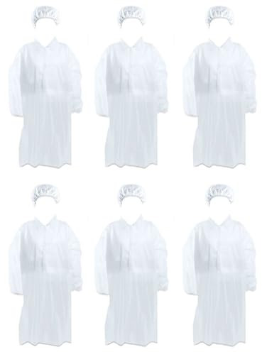 Tradineur Combinaison de protection de travail TNT Fermeture à boutons Combinaison jetable Protection Peinture Multi-usages Unisexe Blanc Taille unique, lot 6, Taille Unique