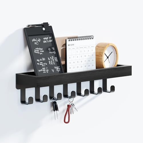 SWTYMIKI Schlüsselbrett mit Holztablett und 7 Haken - Multifunktionales Schlüsselhalter/Schlüsselboard, Schlüsselbrett mit Ablage für Flur, Schlafzimmer & Küche, Hängen Küchenbesteck(31x 8cm)