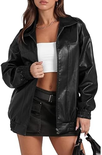 xxxiticat Damen Oversized PU Leder Jacke Mode Motorrad Mäntel Winter Outfits Kleidung Faux Wildleder Zip Up Mantel Oberbekleidung(BL,S)
