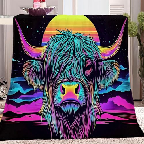 Flanell Fleece Decke 150 x 200 cm Kuscheldecke für Kinder Erwachsene Mädchen Warme Bedruckte Futuristischer Stil Hochlandrinder Muster Couch Decke Schwarz Langlebig Reisedecke