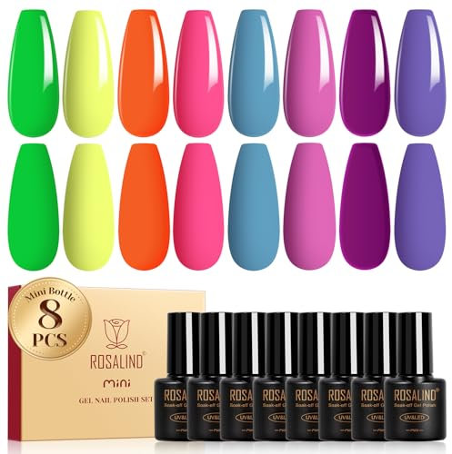 ROSALIND Vernis Semi Permanent Néon, 8 Couleurs Vert Jaune Orange Rose Bleu Violet Vernis à Ongles Gel Neon Coloré,Soak-off UV/LED Vernis Gel Semi-permanent Manucure Cadeau