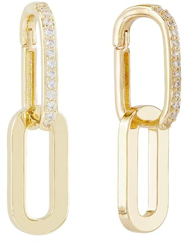 Hobbspring 1 Paar Büroklammer-Ohrringe Trendy Kettenglied-Ohrringe Gold-Convertible Link Earring Rectangle Drop Dangle Earrings with Clear Cubic Zirconia für Frauen Ladies