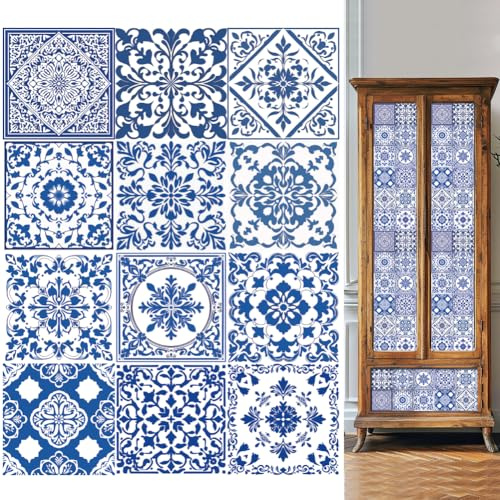 WEBEEDY 36 PCS Blue and White Tile Stickers 10x10 cm Peel and Stick Backsplash Tile Stickers Detachable DIY Self-Adhesive Wall Decals Waterproof Oil Proof Decorative Stickers for Kitchen Bathroom