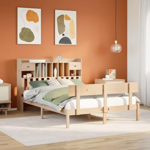 Iiaky Massivholzbett mit Regal ohne Matratze Bett Mit Stauraum Massivholzbett Holzbett Bettgestell 140x190 cm Kiefernholz // 3321826