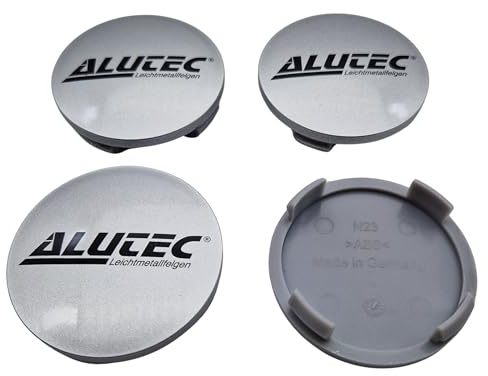 4X Alutec Nabendeckel 60mm Silber (N23) Logo Schwarz (ALH) - Original Felgendeckel/Nabenkappe/Hubcap