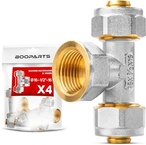 BOOPARTS – 4 st – Skruv-T-koppling med invändig gänga Ø16 mm – 1/2 – Ø16 mm | Multilager T-koppling | Robust mässing för PEX, PER och kompositrör