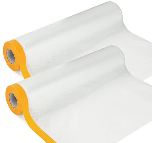 SHANGFENG 2 Rolls Tape and Drape Pre-Taped Masking Film Masking Tape with Plastic Sheet Dust Sheets with Self Adhesive for Auto Wall Furniture Painting Spraying Protection (200CM)
