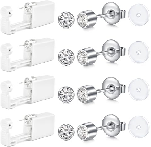 AceFun Ohrloch stecher Set Silber,Einweg Ohrlochstech Pistole Kit mit 4 Stück UV Pad Klaue Design Selbststechpistole und integriertem Ohrstecker 3mm 4mm für Frauen Männer zum Ohrlochstechen