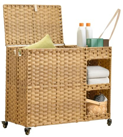 Laundry Hamper with Wheels, 42.3 Gal.(160 L) Laundry Sorter with Shelves, Rattan Clothes Hamper with 4 Removable Liners & 3 Mesh Bags, Handwoven Organizer for bedroom, bathroom, laundry room, Natural
