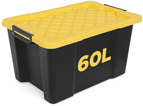 NOVECRAFTO 60L Medium Storage Box with Lid – Heavy-Duty Storage Box with Carry Handles, Durable Plastic, Clip Locks, Stackable – Garage, Shed & Outdoor Use (Black)