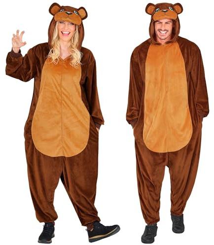 W WIDMANN MILANO Party Fashion - Björndräkt för vuxna, brun plyschdräkt med huva, djurdräkt för karneval
