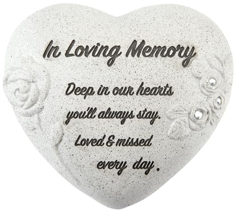 PMS In Loving Memory Memorial Herz Ornament - Graue Rose Grabstein mit Diamanten - Trauer Tribut Andenken für geliebte Menschen - 16 x 14 cm