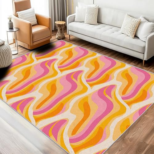 Generisch Bunt Zebra Teppich Klein 60 x 90 cm Wohnzimmer Mit Abstrakt Streifen 70er Retro Trend Vintage Muster, Bunt Zebra Bettvorleger Schlafzimmer Deko, Waschbar Teppiche Gegend Kurzflor rutschfest