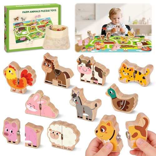 Toys for 1 2 3 Year old Boys Girls, Montessori Wooden Matching Puzzles Game | Gift for 1-3 Year old Toddlers, Farm Animal Educational Toys with Map Fine Motor Skills , Birthday Presents for 18+ Months