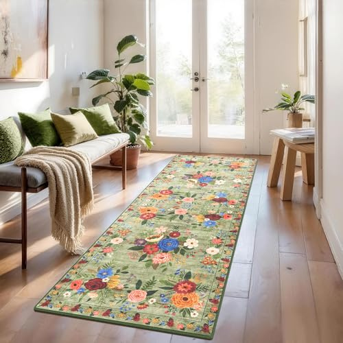 Küchenteppich Flur Teppich 60*240cm,, Blumen Teppich Kurzflor, Küchenteppich Waschbar, Flurteppich Läufer Lang Rutschfester für Küche, Wohnzimmer, Bettvorleger, Büro, Flur, Eingangsbereich, Grün