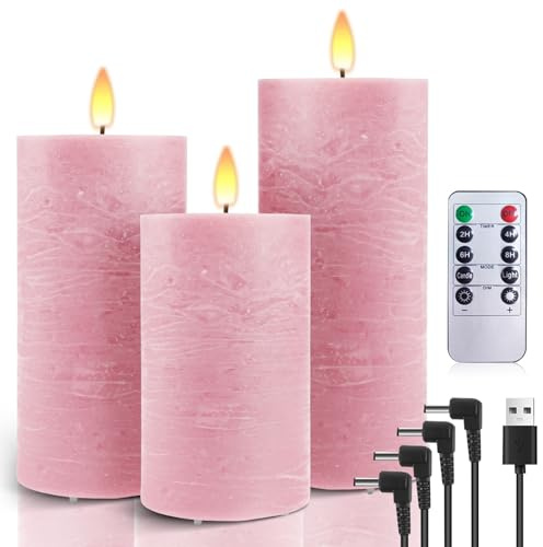 AiiBowy LED Kerzen Aufladbar Echtwachs [3er-Set] mit timerfunktion, Kerzen Flackernde Flamme, Adventskranz, LED Stumpenkerzen Outdoor für Halloween Weihnachten Dekoration - Rosa