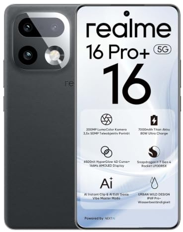realme 16 Pro+ 5G Smartphone 12GB + 512GB, 200MP LumaColor Cámara + 50MP, Teléfono Móvil con Procesador Snapdragon® 7 Gen 4, Batería 7000mAh y Carga de 80W, Móviles de 6.8 144Hz AMOLED Pantalla, Gris