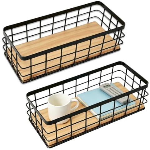 Nimblyne 2 stycken trådkorg Metallkorg: Järn hantverk förvaringskorg svart, metall avtagbar träbas, dekorativa korgar hushåll, för kök badrum och sovrum 29 x 13 x 10 cm