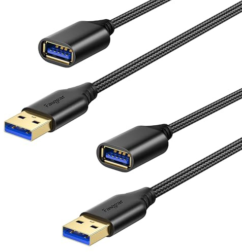 Fasgear USB 3.0 Extension Cables 2 Pack 6ft/1.8m, USB A-Male to A-Female Extender Cord 5GbpsHigh-Speed Data Sync & Charging Nylon Braided Compatible for Camera/Printer/Webcam/PS5 (Black)