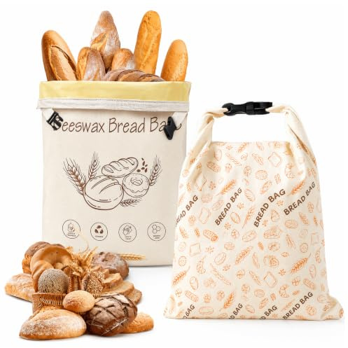 Ecofocet 2 pezzi Sacchetto pane cera d'api,43×33 cm Tela cerata per pane,Sacchetti cera d'api per alimenti,con chiusura con fibbia/cerniera,per lievito madre e prodotti da forno (Buckle A)