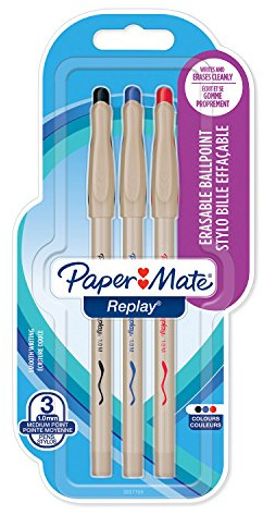 Paper Mate Replay Radierbarer Kugelschreiber | mittlere Spitze (1,0 mm) | sortierte Farben | 3 Stück
