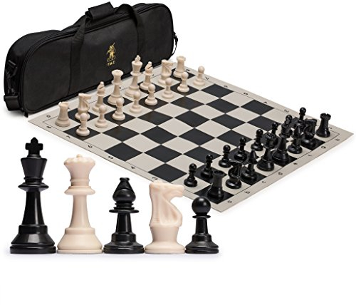 Yellow Mountain Imports Regulation Tournament Roll-Up Staunton Chess Game Set (50cm) with Travel Bag, 2 Extra Queens, and Weighted Chessmen - Black