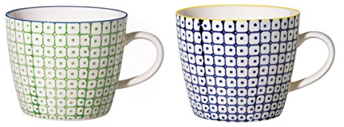 Bloomingville Tassen mit Henkel Carla Lapis Retro Kaffeetasse Teetasse Vintage dickwandige ø 9,5 x H 8 cm, grün lapis blau, Keramik, 2er Set, fasst ca. 280 ml