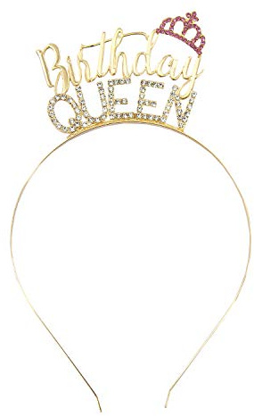 Oblique Unique® Haarreifen Birthday Queen mit Diamanten und Krone Haarreif für Geburtstag Mädchen Damen Frauen in Gold Pink aus Metall