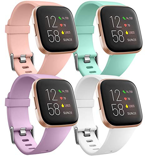 Ouwegaga Ersatz-Armbänder aus Silikon für Fitbit Versa/Fitbit Versa Lite Armband/Fitbit Versa 2, klein, Rosa/Aqua/Lavendel/Weiß, 4 Stück