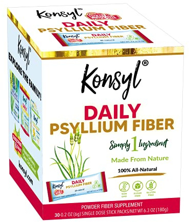 Konsyl Daily Psyllium Fiber Powder - 5g Sticks, 30 Pack - Natural Unflavored Soluble Dietary Fiber Supplement - Psyllium Husk Prebiotic for Digestive Support and Gut Health - Sugar Free, Keto & Vegan