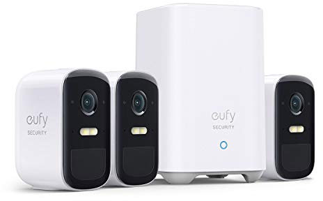 eufy security, eufyCam 2C Pro 3-Cam Kit, Wireless Home Security System with 2K Resolution, 180-Day Battery Life, HomeKit Compatibility, IP67, Night Vision, and No Monthly Fee.