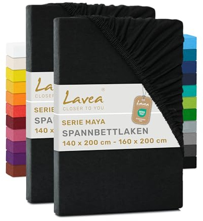 Lavea® 2er Pack Jersey Spannbettlaken 140/160x200cm – Schwarz | 100% Baumwolle – Weiches Bettlaken für Matratzen bis 20 cm Höhe – Formstabil und Langlebig
