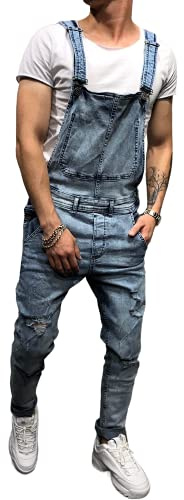 Geagodelia Salopette Uomo in Denim Casual Pantaloni Strappati Uomo in Tinta Unita Salopette Uomo Jeans Slim Fit Moda Ragazzo S-3XL Jumpsuit (Blu, Medium)