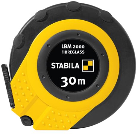 Stabila Kapselbandmaß LBM 2000 FIBREGLASS, 30 m, Glasfaser-Messband mit metrischer Skala und Knickschutz, Universalhaken, bruchsichere Kapsel, MID-Genauigkeit, LBM 2000, 30 m, Schwarz/Gelb