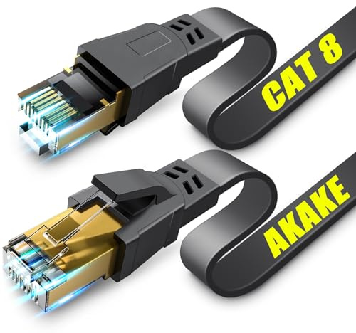 Akake Cat 8 Ethernet Cable, 9M Heavy Duty High Speed Flat Internet Network Cable, Professional LAN Cable, 26AWG, 2000Mhz 40Gbps with Gold Plated RJ45 Connector, Shielded in Wall, Indoor&Outdoor, Black