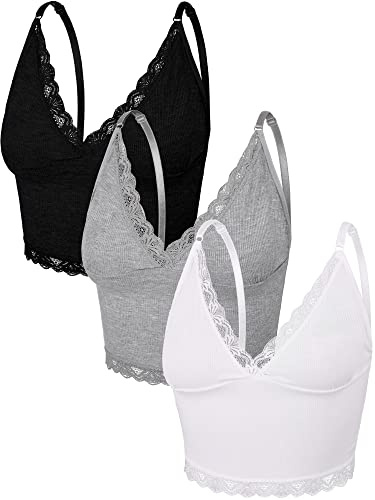 Bencailor 3 Camisetas de Tirantes de Punto Acanalado de Mujer Encaje Top Corto sin Mangas (Negro, Blanco, Gris Claro, S)