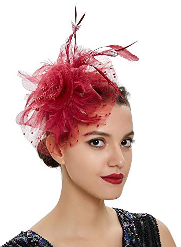 Fascinator Hatt för Kvinnor och Damer - Tebjudning Klaff Pillerlåda Ascot Race med Fjäder Blomma, Pärlor, Pannband, Hårklämmor och Prickig Näthuvudbonad