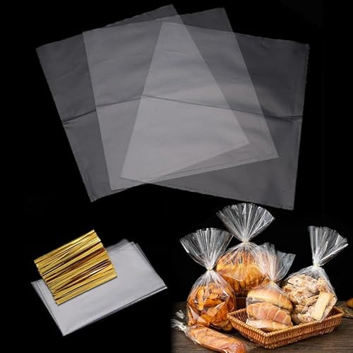 200pcs Cellophantüten 21x30/17x25/15x20/10x15cm Süßigkeiten tüten Transparent kekstüten mit Metallischen Bindebaender für Brot Kekse Kindergeburtstag Gastgeschenke Tütchen (15cm*20cm)