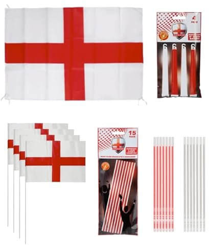 England Football Decorations St George England Flag with String 76cm x 50cm PLUS x4 St George Plastic Hand Flags with Sticks 12” x 8” & 19 Red & White Glow Sticks