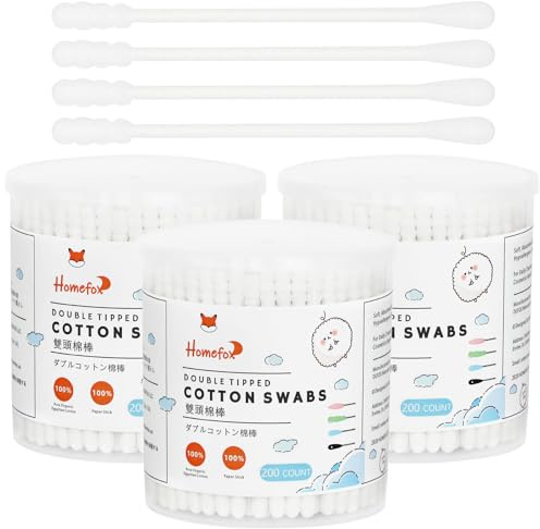 HOMEFOX Cotton Swabs Spiral - 600 Count Organic Cotton Buds Double Side Tightly Wrapped Cotton Tips Paper Stick Soft Gentle Lint-Free Cruelty-Free, Round & Spiral (White)