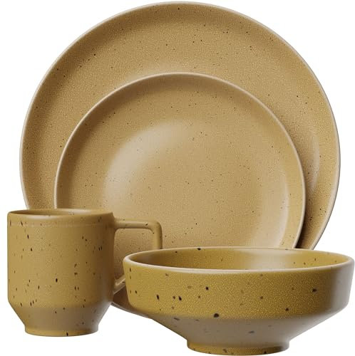 American Atelier Reactive 4-Piece Stoneware Place Setting | Coffee Mug, Bowl, Plate Set | Kitchenware | Stoneware Dinnerware Set | Microwave, Dishwasher Safe | Service for 1 (Mustard Yellow)