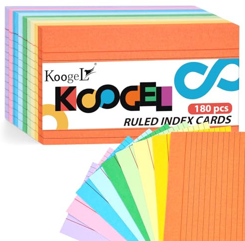 Koogel 180 linierte Karteikarten, liniert, 7,6 x 12,7 cm, Neonfarben, Lernkarten für Schule, Lernen, Büro