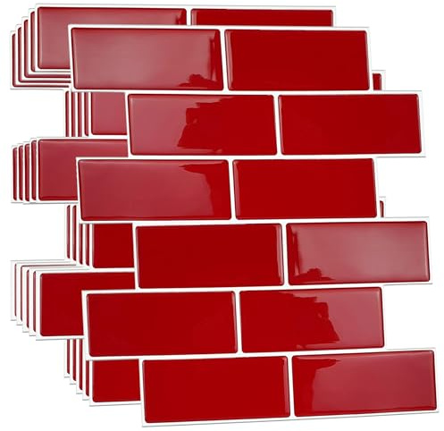 WALPLUS 3D Tile Stickers Peel and Stick Backsplash Splashback Decals Tile Transfer for Kitchen Bathroom Living Room Stick on Tile Waterproof - Cherry Red Retro Glossy 18 Sheets 30.5 x 30.5cm(12)