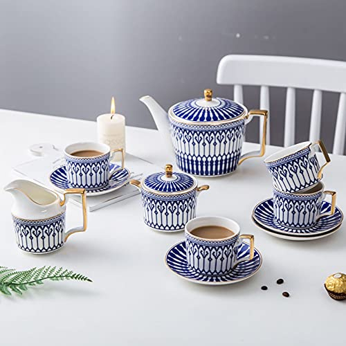 LFNXOVXF Set da tè in Porcellana Tazzine da caffè Blu con piattino Set da caffè in Ceramica con teiera, zuccheriera, cucchiaini da caffè, 11 Pezzi
