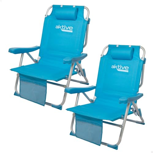 AKTIVE Pack de 2 sillas plegables multiposición para playa, jardín, terraza o camping, 5 posiciones, 49x58x80 cm, Altura asiento 27 cm, Topes antivuelco, Soporta 100 kg, Con asas de transporte (85469)
