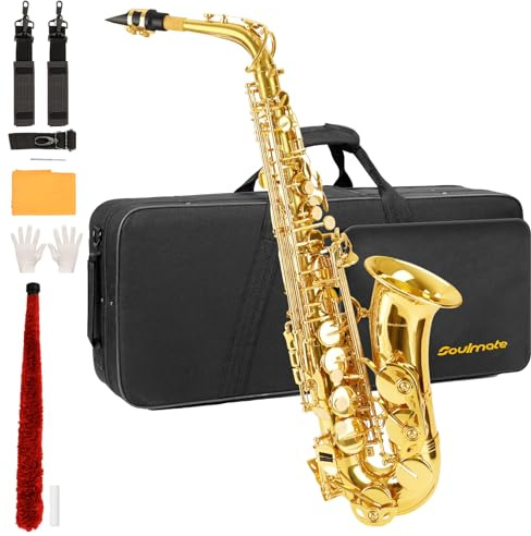 Soulmate Altsaxophon E flach, goldfarben lackiert für professionelle Anfänger, Studenten, Saxophon, komplettes Set mit Tragetasche, Mundstückriemen, Blättern und Tüchern